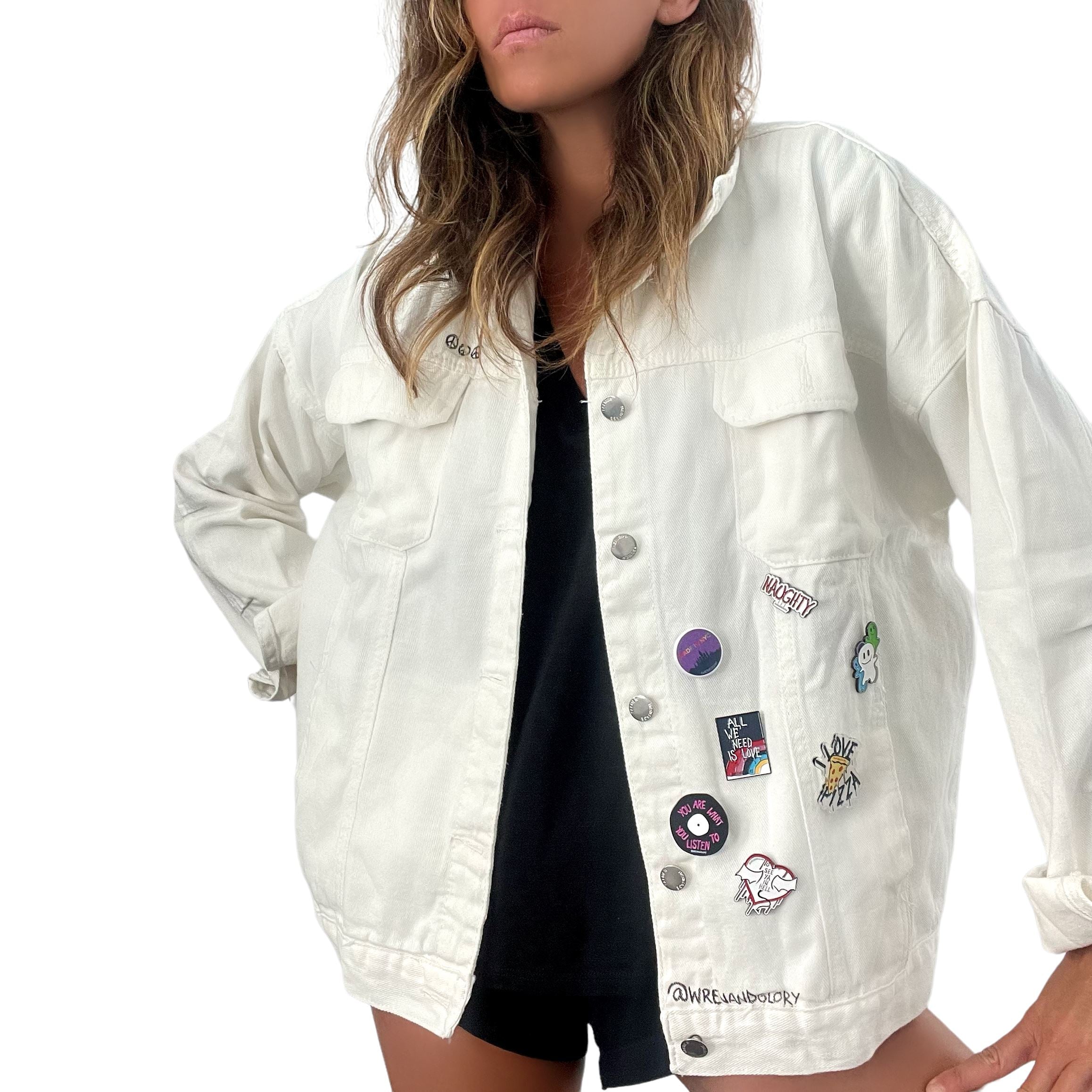 White denim jacket with on sale patches