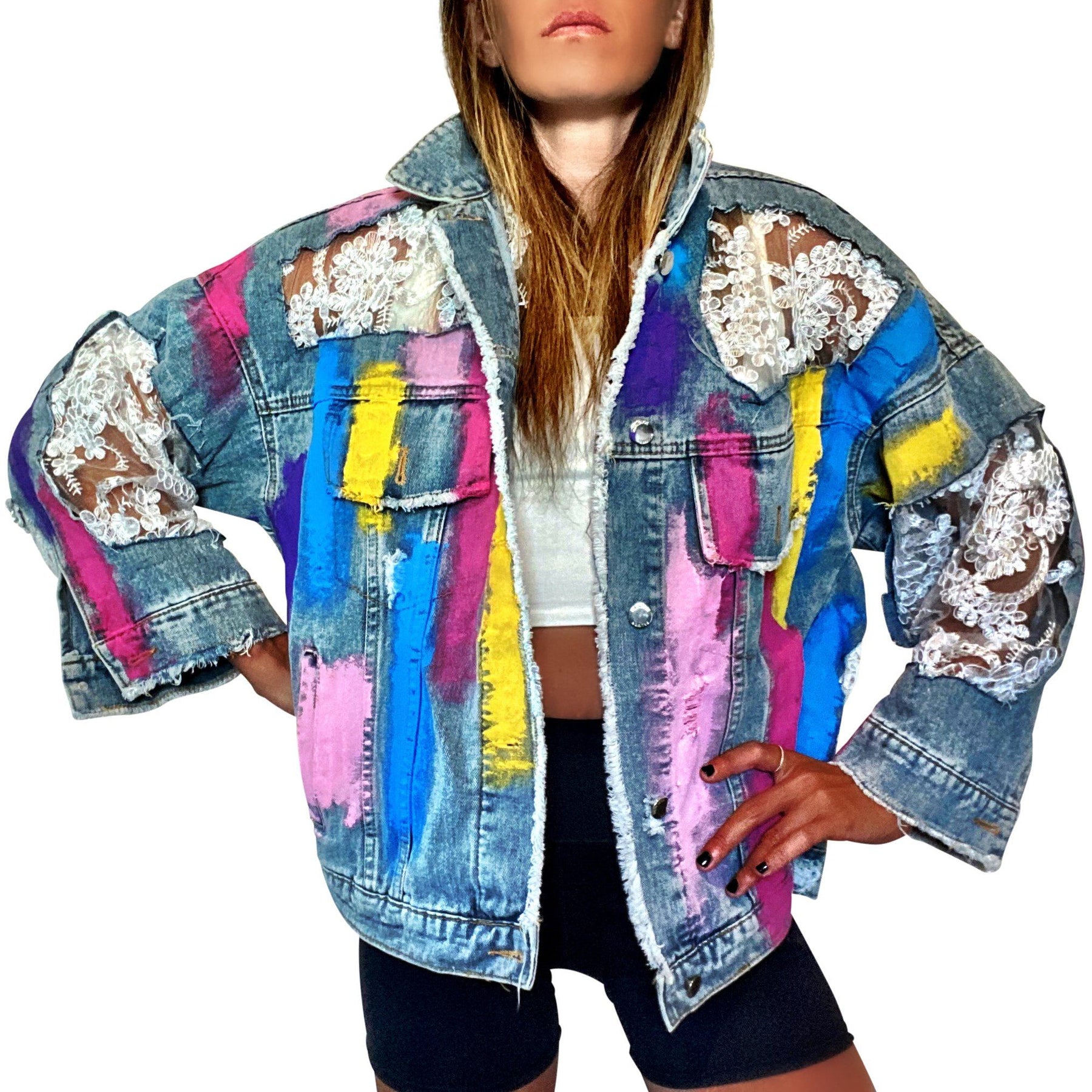 Buy Multi Color Denim Embroidery Spread Collar Printed Jacket For Women by  Nirmooha Online at Aza Fashions.